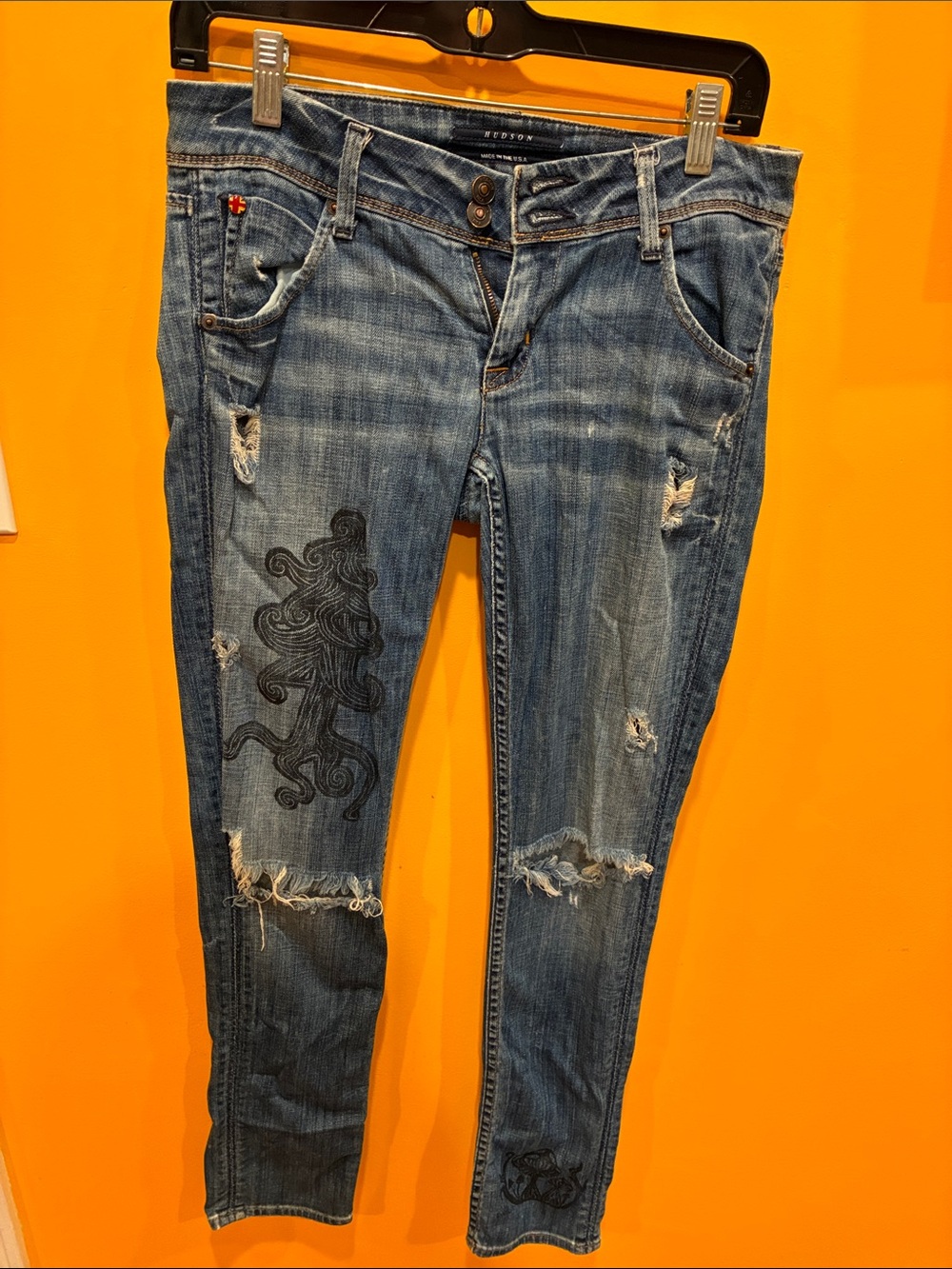 Hudson Jeans Women's Distressed Blue Skinny Jeans with Black Embroidery